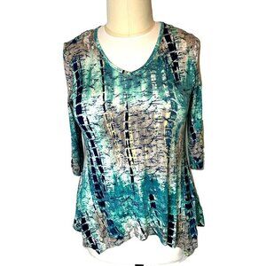 Thomas and Olivia - Women's L/XL Tunic Top Teal Blue Shibori Tie Dye V-Neck 3/4